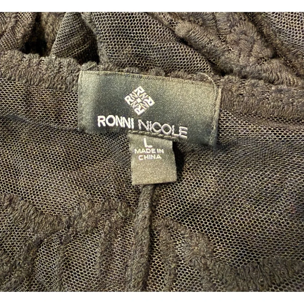 Ronni Nicole Womens Large Duster Cardigan Black Floral Lace Mesh Open Front Long - Picture 4 of 8